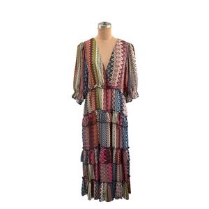 Ciebon Metallic Tiered Maxi Dress Boho Resort Peasant Sleeve Women Size L NWT